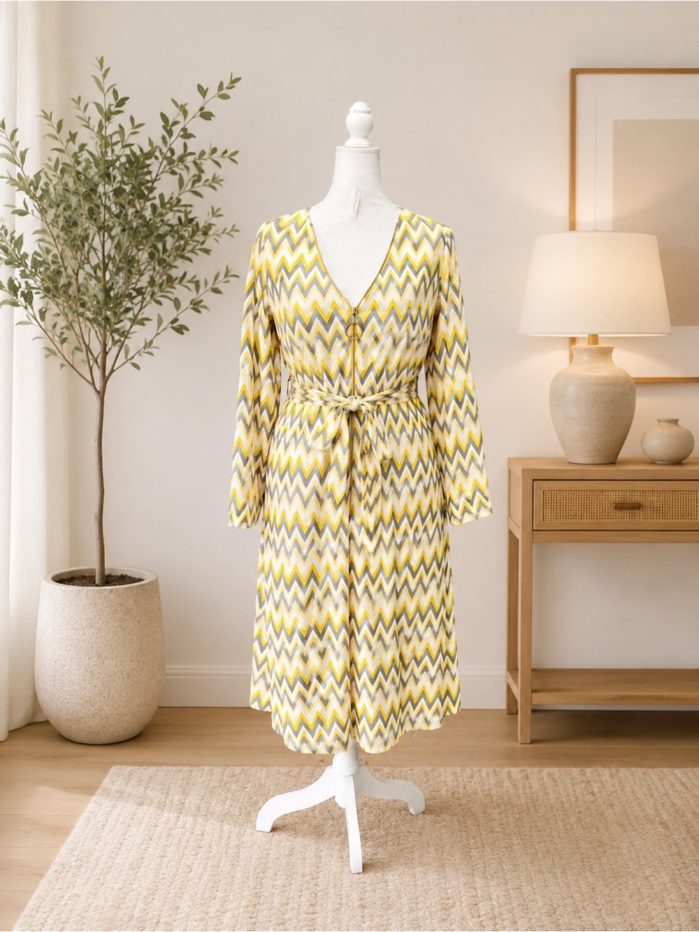 Tacera Yellow Chevron Print Zip Front Flowy Dress Tie Waist 2X NWT Relaxed